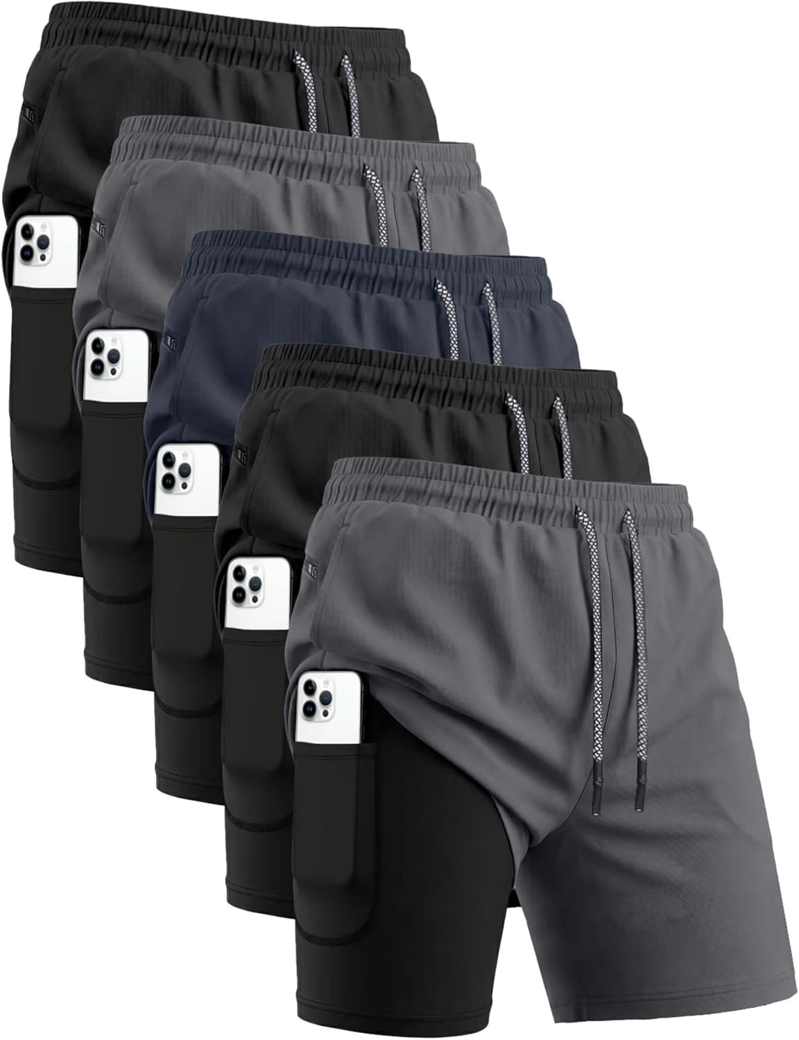 HOPLYNN 5 Pack Mens 2 in 1 Running Shorts with Liner, Quick Dry Workout Training Gym Athletic Sport Shorts with Pockets