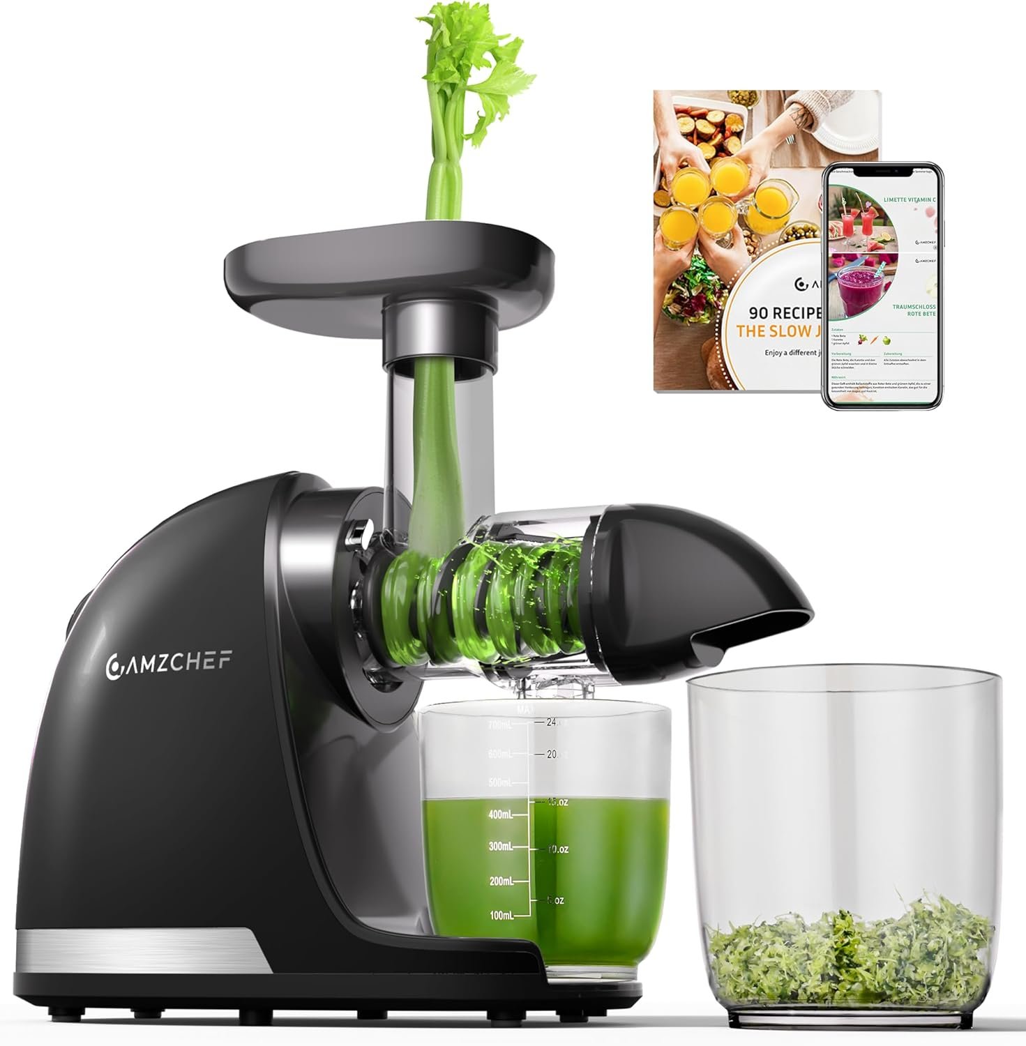Juicer Machines – AMZCHEF Cold Press Masticating Juicer whole Fruit and Vegetable – Delicate Chew No Need to Filter – BPA Free Juice Extractor with 2 Cups and Brush- Ebony
