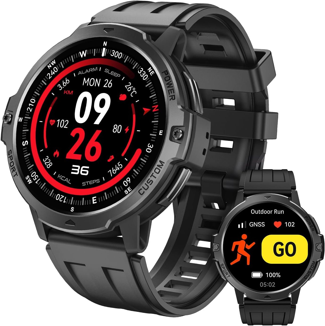 Rugged Smart Watch for Men with Built-in GPS, 6-Axis Sensor for HIIT/Run Form Analysis, 1.46” Tactical Smartwatch with Bluetooth Calls, Compass, 7-Day, 100+ Sports 3ATM Fitness Tracker, Black