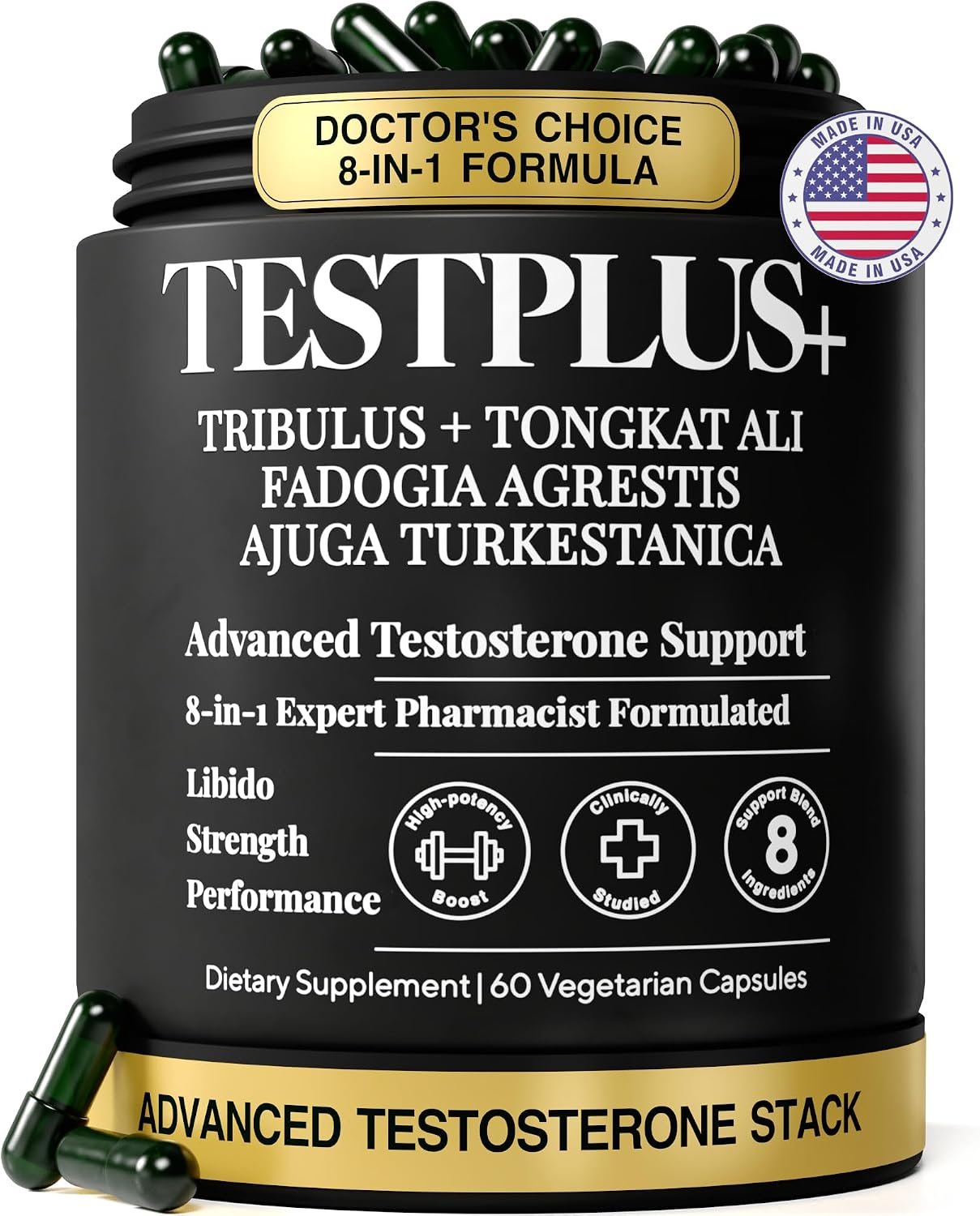 Testosterone Booster for Men, 1,450mg 8-in-1 Supplement – 700mg Tongkat Ali 200:1, Fadogia Agrestis, Ajuga Turkestanica (Turkesterone), Ashwagandha, Tribulus & Maca Root – Libido & Strength – 60 Caps