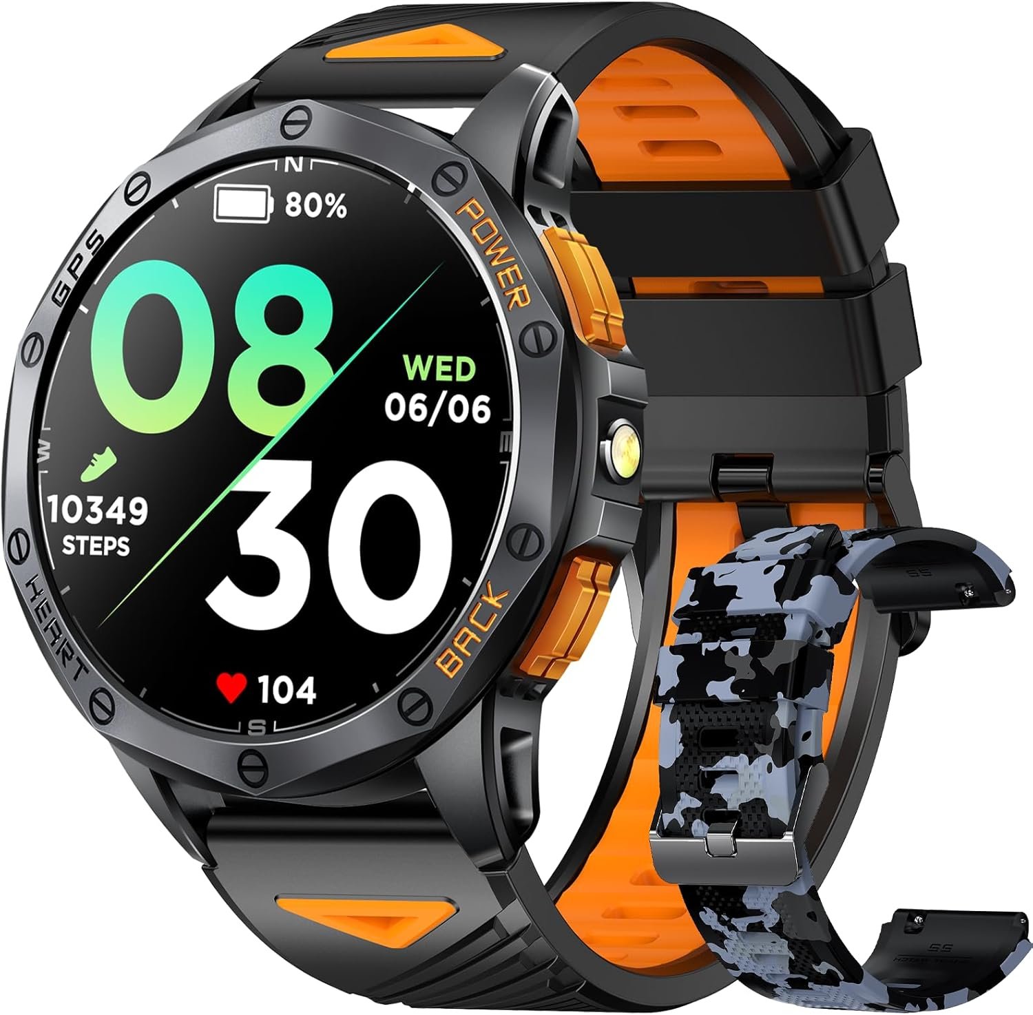 Military Smart Watches Built-in GPS, 170+ Sport Modes for Men with Flashlight, Smartwatch for Android Phones and iPhone, 1.43″ AMOLED Screen Bluetooth Call Compass Altimeter (Black & Camo (2 Bands))