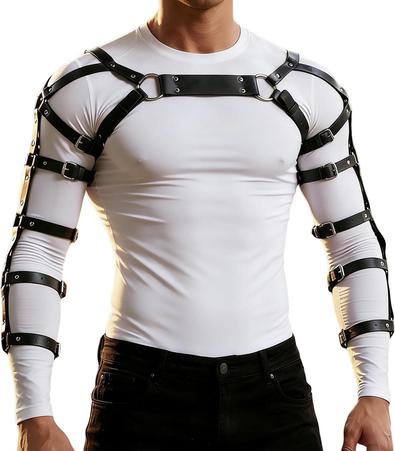 Mens Chest Harness Cosplay Top PU Leather Chest Shoulder Straps Body Harness Strap Male Punk Fashion Fantasy Costume Rave Outfit for Music Festival Party Halloween Cosplay (Black)