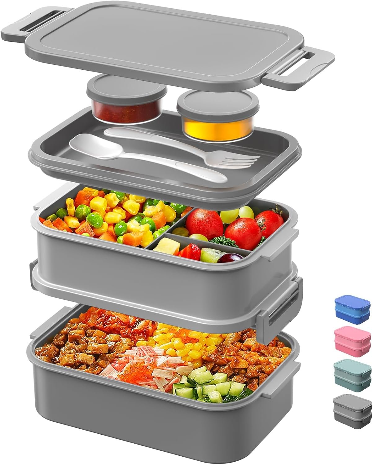 DaCool Adults Lunchbox Bento Box – 74 OZ All-in-One Stackable Lunch Box for Adults Men Women Teens Leakproof Bento Large Lunch Box Containers with Fork Spoon Sauce Box for Dining Out Work School,Grey