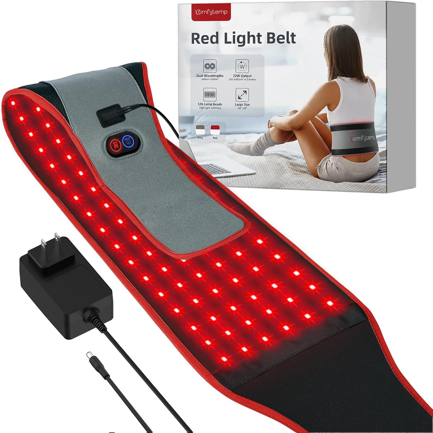 Comfytemp Red Light Belt with 126 LEDs, Wearable Red Light Wrap with Timer, 660nm & 850nm, Birthday Gifts for Men Dad Women Mom, 22W(Corded, Red)
