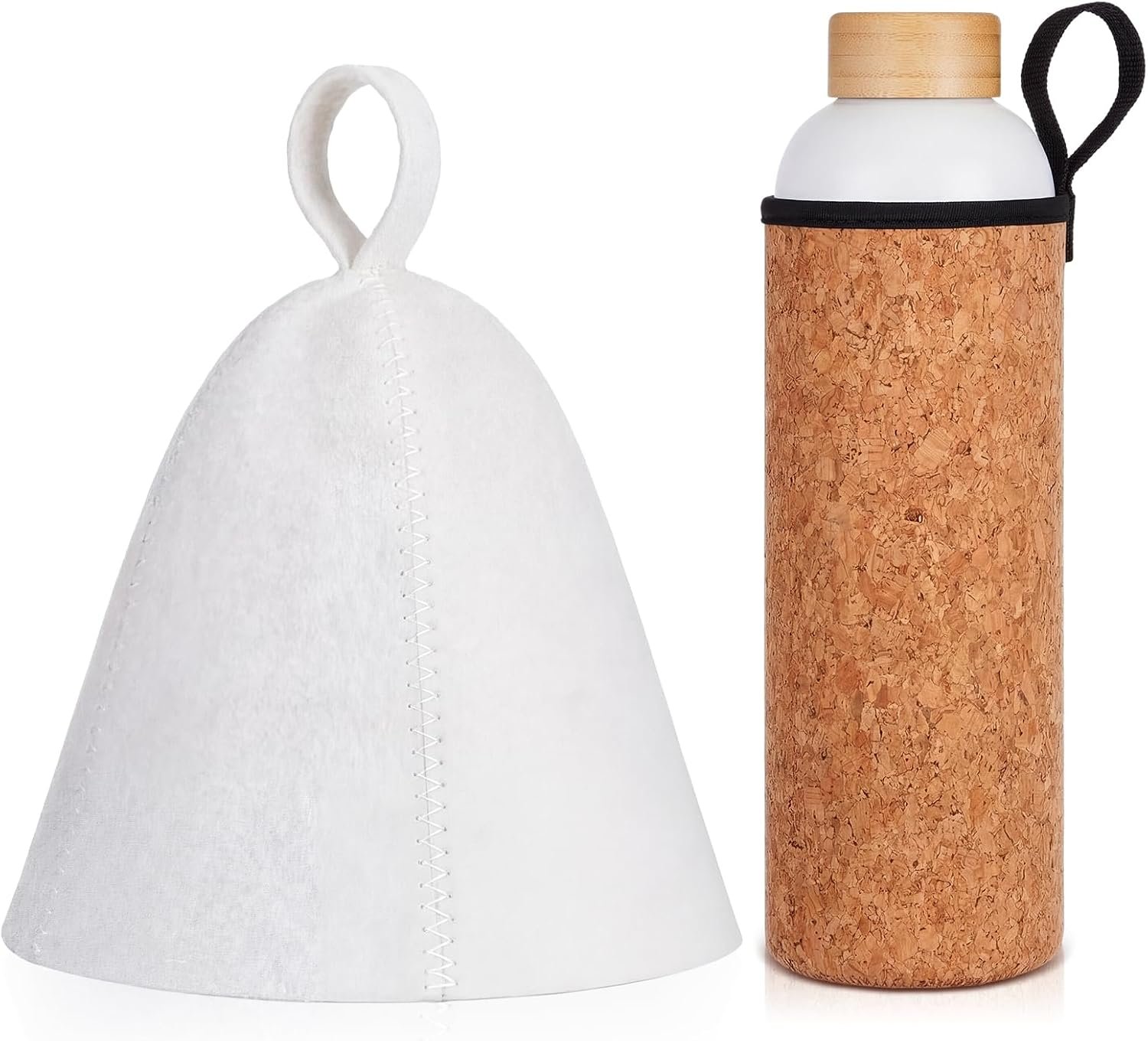 2 Pcs Sauna Water Bottle and Sauna Hat Kit, 34oz Cool to Touch Saunas Water Bottle Stainless Steel with Cork and Bamboo Lid, Banya Cap for Women Men Hot Room Bath House Accessories(White)