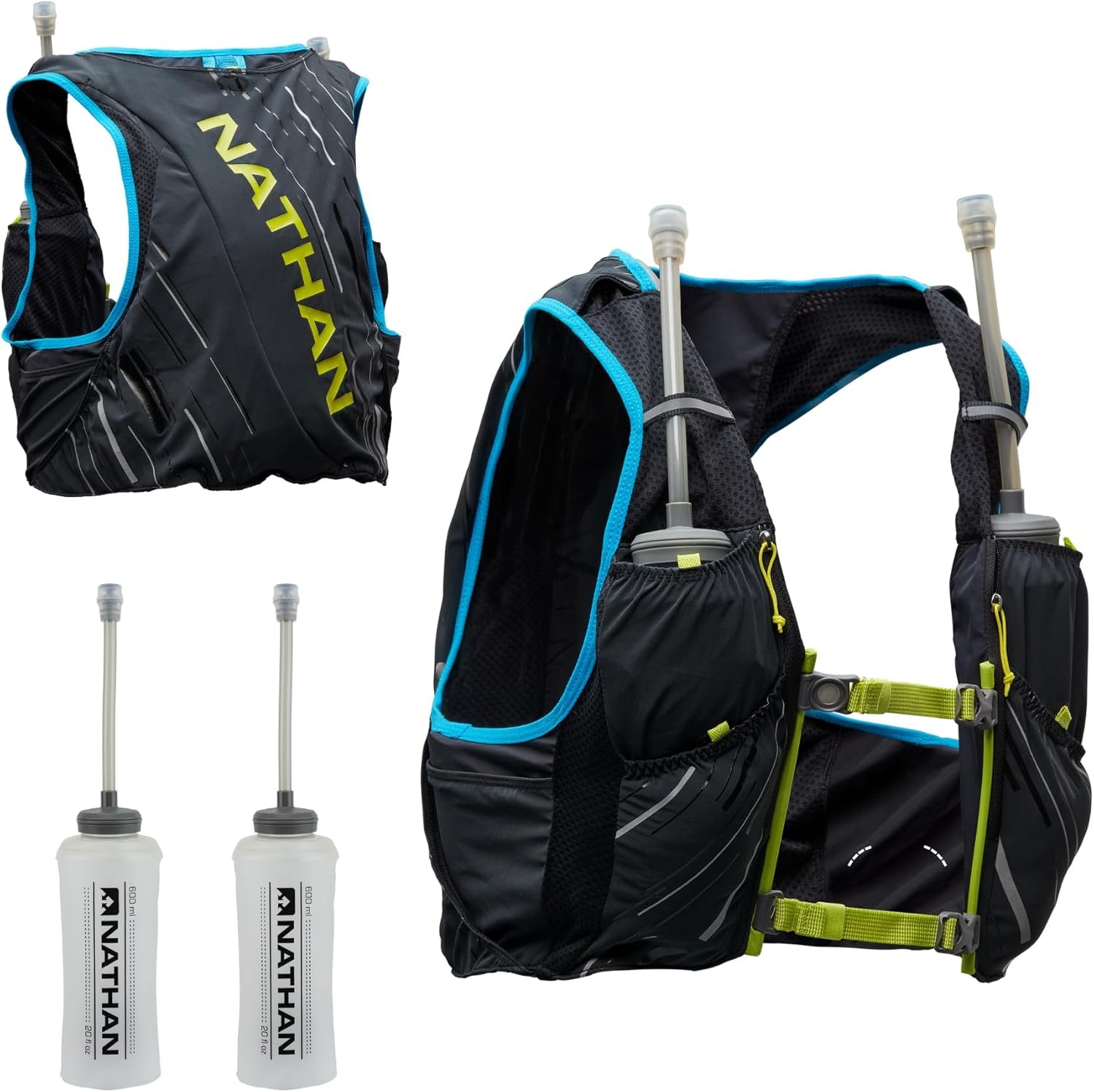 Nathan Men’s Pinnacle Race Vest 4L Hydration Pack, Two 20 oz Soft Flasks, Running, Hiking, Water-Resistant, Moisture Wicking, Adjustable Straps