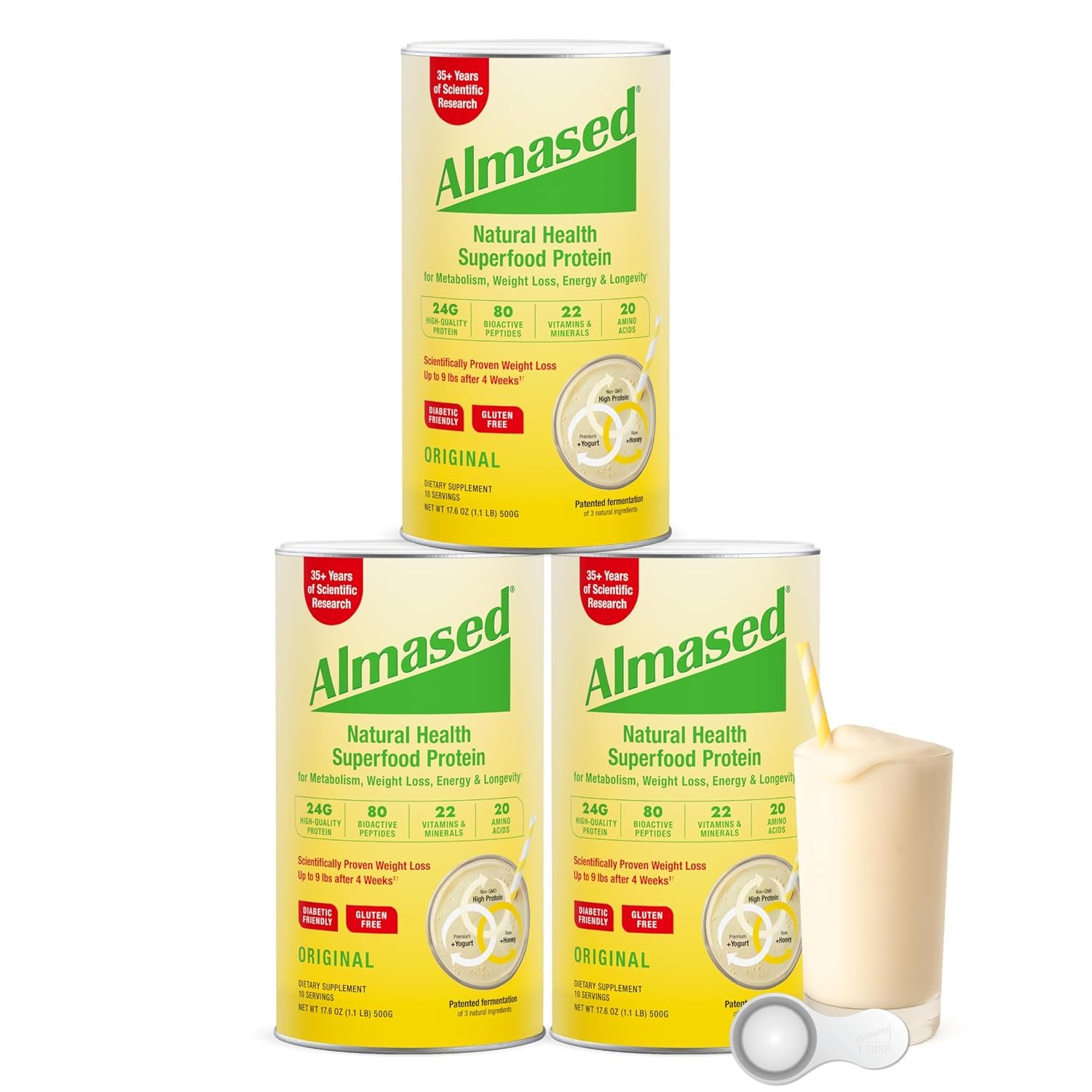 Almased Protein Powder for Weight Loss Kit for Men & Women, Natural Meal Replacement Shake for Weight Loss, Supplement, 27 Grams of Protein Per Serving (Original Flavor, 3 Cans @ 17.6 oz ea + Scoop)