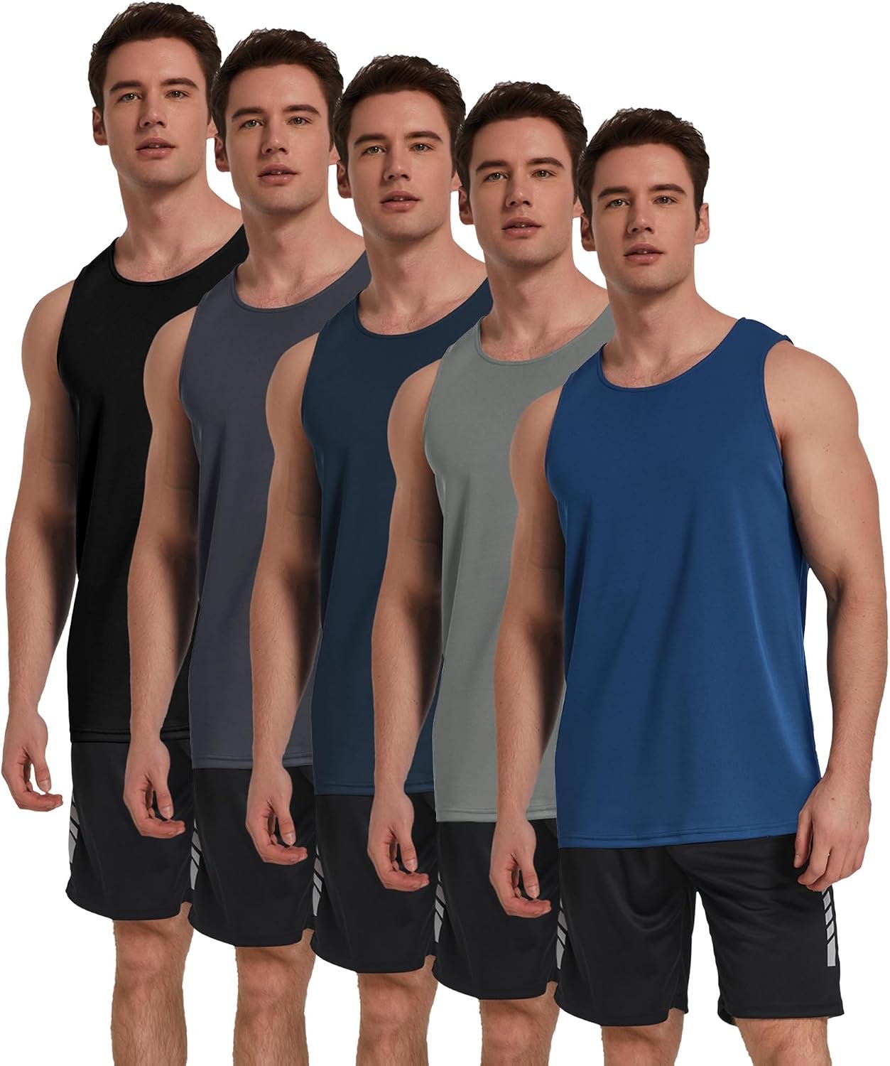 TELALEO 5 Pack Men’s Workout Tank Tops Sleeveless Mesh Muscle Gym Shirt Quick Dry Black/Gray/Charcoal/Navy/Blue