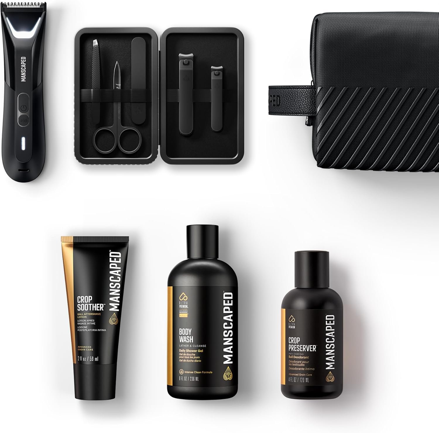 MANSCAPED® The Premier Package 5.0 Ultra, with The Lawn Mower® 5.0 Ultra Men’s Groin & Body Hair Trimmer, Shears 3.0, Crop Preserver® Ball Deodorant, Refined® Body Wash, Crop Soother™, Shed 2.0