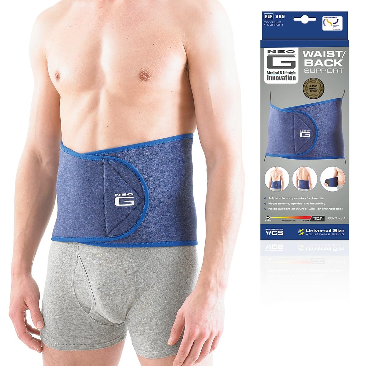 Neo-G Waist/Back Brace – Support For Muscle Spasm, Strains, Arthritis, Injury Recovery, Rehabilitation – Power Straps For Adjustable Compression – Class 1 Medical Device – One Size – Blue