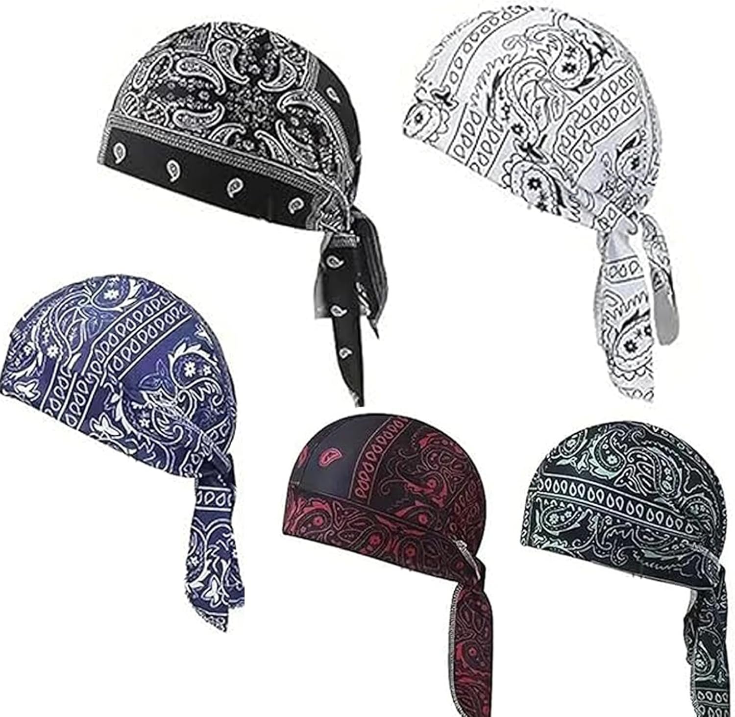 5 Pack Cooling Headscarf Cap Set, Adjustable Strap Bandana Beanie, Breathable Elastic Helmet Liner Head Wrap for Men Motorcycle Outdoor Activities