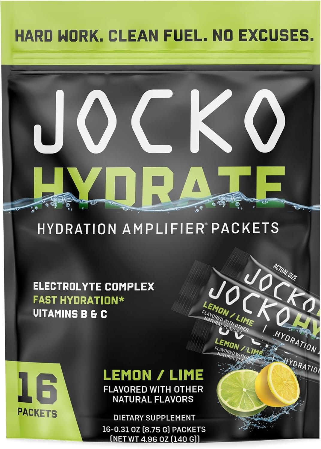 Jocko Fuel Hydrate Electrolytes Powder Packets Low Sugar – Hydration Amplifier Packets for Recovery, Dehydration, & Exercise – with Vitamins B6, B12 & C (16 Packets) Lemon Lime