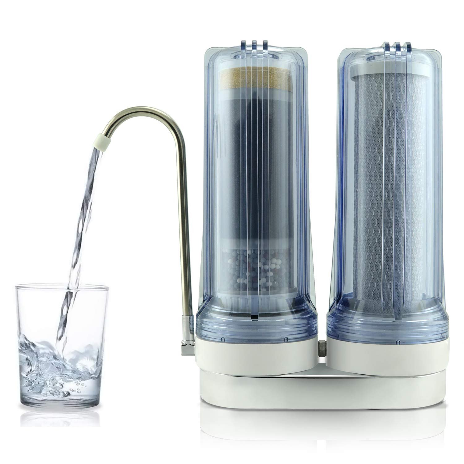 APEX EXPRT MR-2050 Dual Countertop Water Filter, Carbon and Mineral pH Alkaline Water Filter, Easy Install Faucet Filter – Reduces Heavy Metals, Bad Taste and Up to 99% of Chlorine – Clear