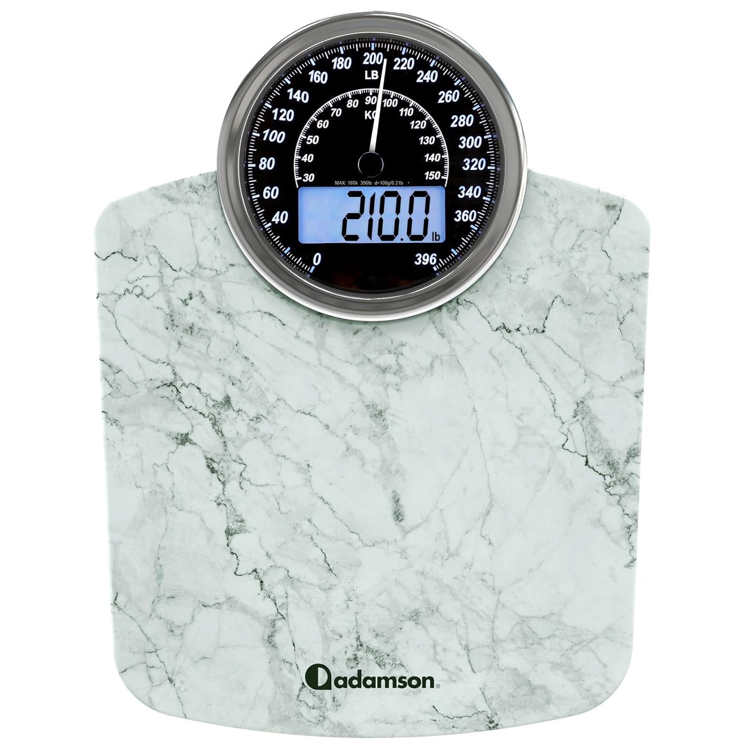 Hybrid Bathroom Scale – Analog & Digital Display, Accurate to 400 lbs | See weight on both an analog dial and digital LCD at once. Wide glass platform, accurate to 0.2 lbs, batteries included.