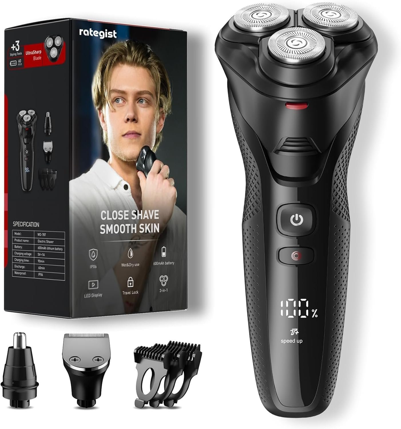 rategist 𝟑-𝐢𝐧-𝟏 Electric Razor for Men: IPX7 Waterproof Electric Shavers for Men – One Touch Acceleration, Professional Results at Home – 4D Floating Blades, Travel Grooming Kit, Gift for Fathers