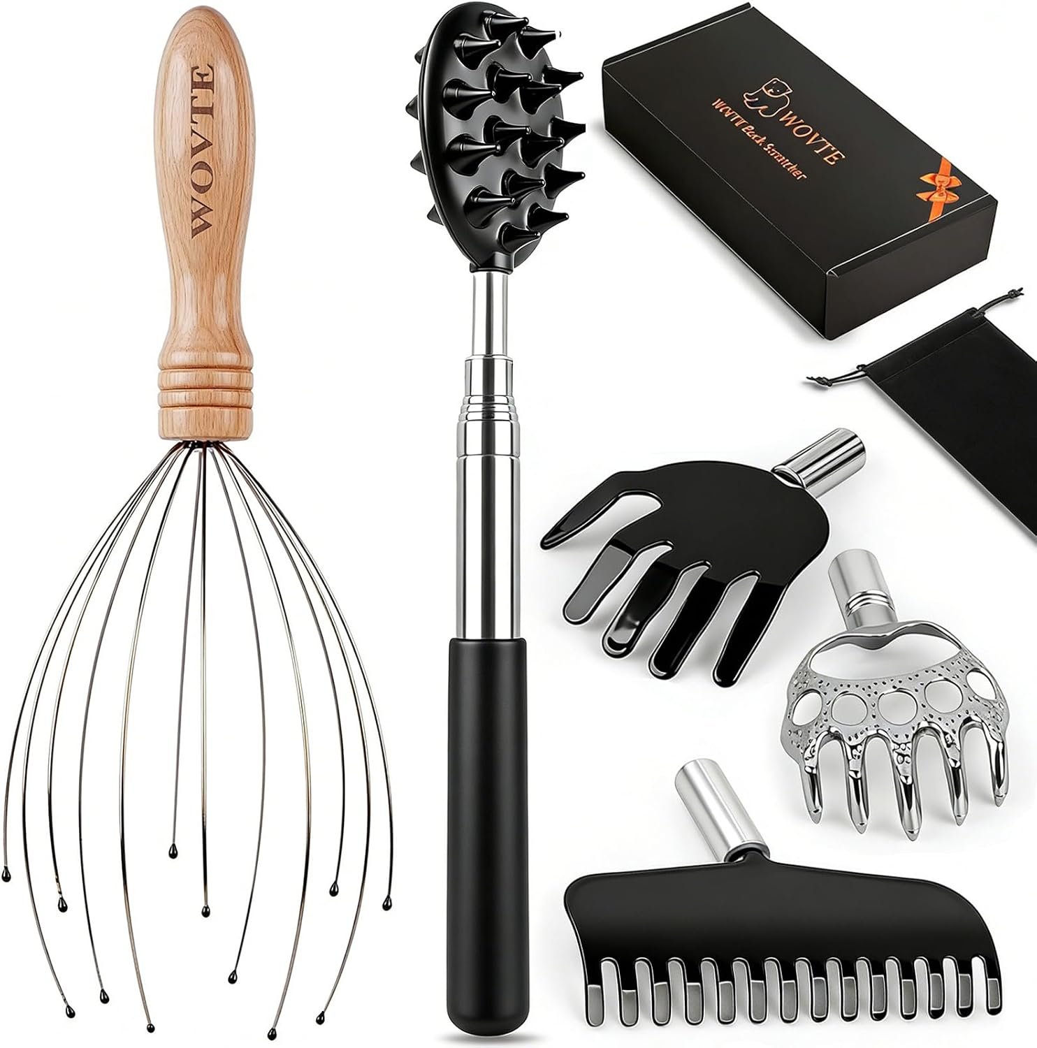 WOVTE Back Scratcher and Scalp Massager Kit – 4 in 1 Telescoping Back Scratcher for Men, 12 Fingers Head Massager for Stress Relief, Mothers Day Fathers Day Birthday Gifts for Men Women Adult