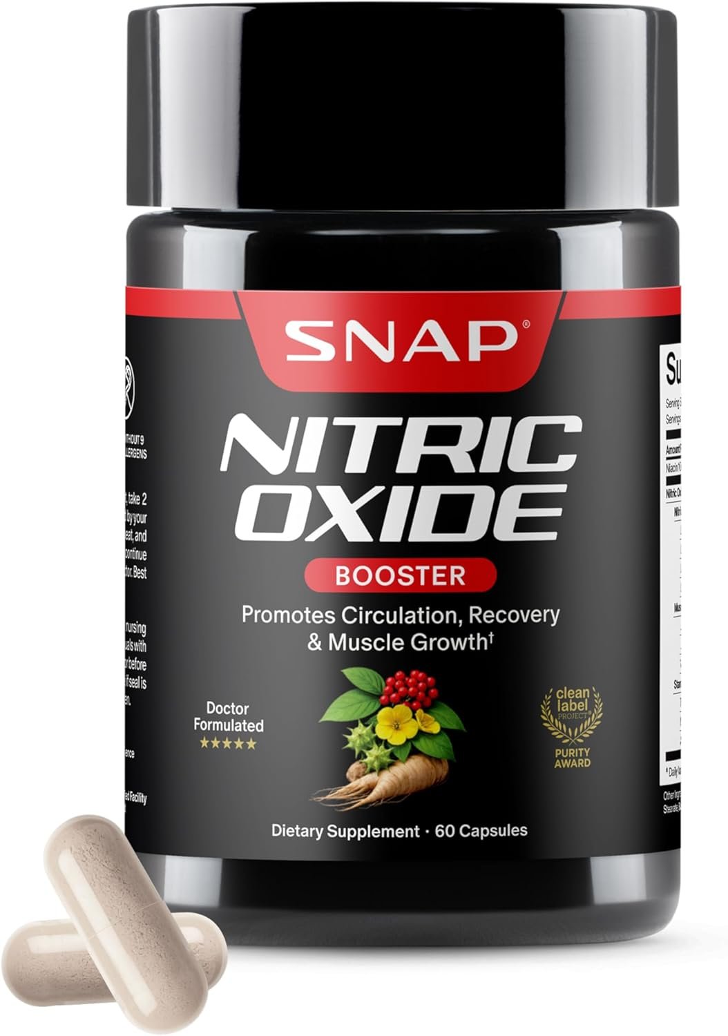 Snap Supplements Nitric Oxide Booster for Men & Women, L-Citrulline + 3 Forms of L-Arginine for Stamina, Endurance, Circulation, & Energy Support,* Caffeine-Free Pre-Workout Alternative, 60 Capsules