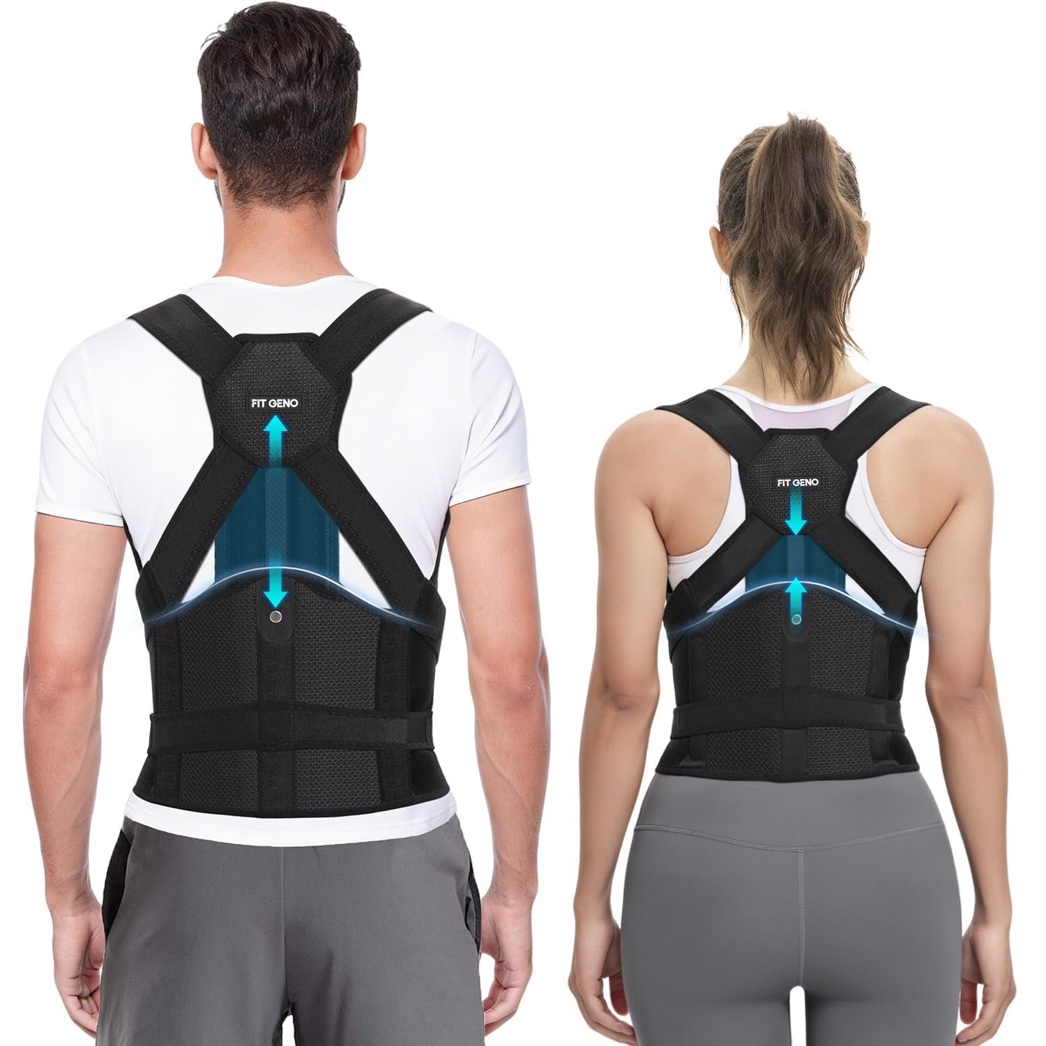 Fit Geno Posture Corrector for Women and Men HeightFit: Patented Height Adjustable Back Brace – Neck Shoulder & Full Back Pain Relief – Improve Posture Correct Hunchback Slouching Under Clothes (Large)
