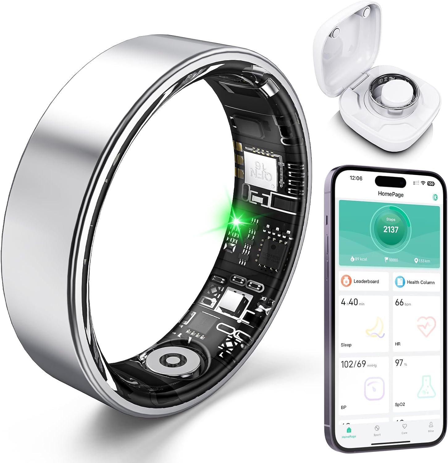 Smart Ring with Sleep Monitoring, Step Counting, Heart Rate for iPhone and Android, No Subscription Fee, IP68 Waterproof Health Tracker (Blue, 8) (Silver, 8)