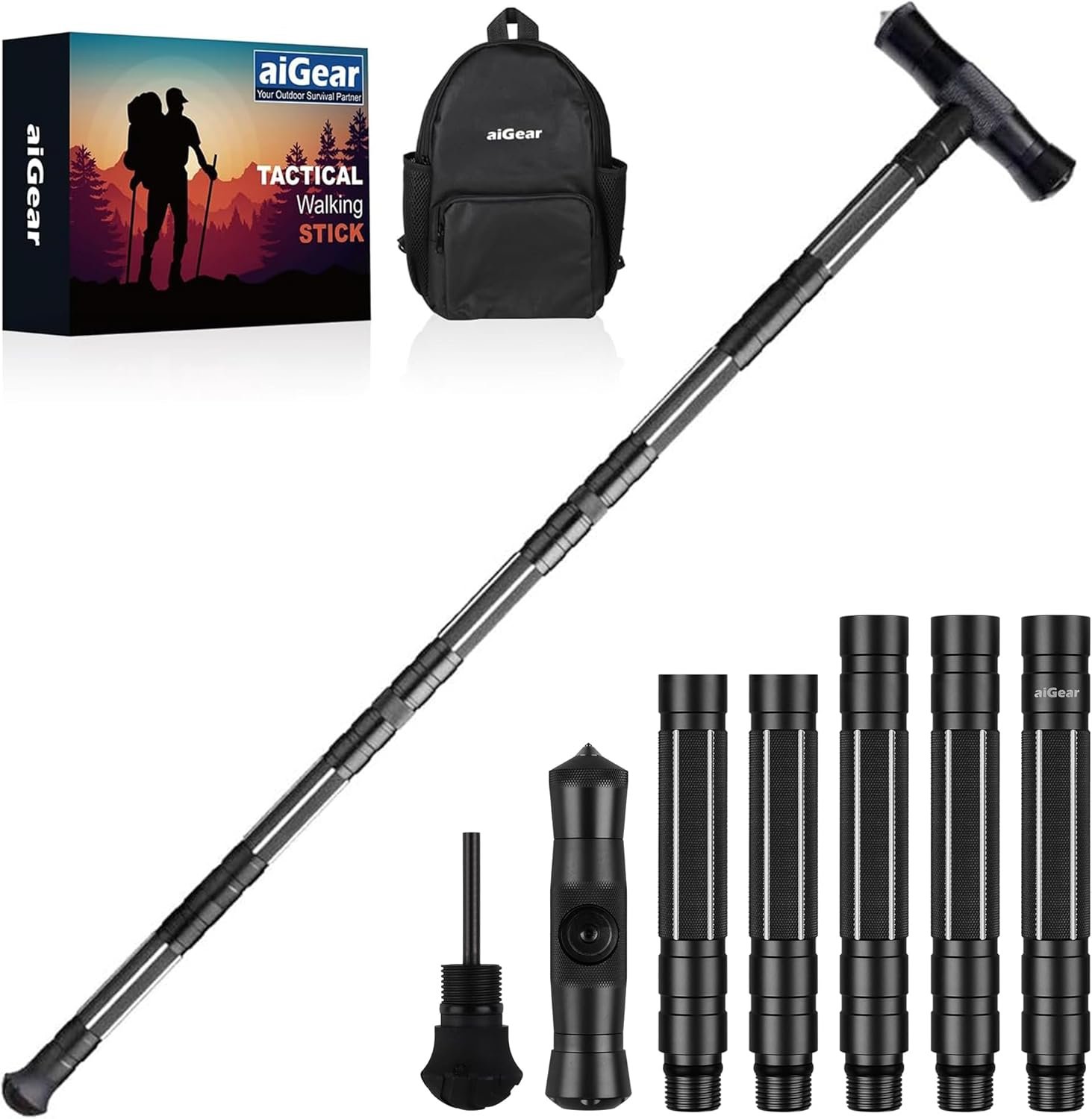 aiGear G2 Tactical Hiking Stick, 5-Section Heavy Duty Walking Staff for Men Women, Aerospace-Grade Aluminum Alloy Trekking Poles with Integrated Survival Kit for Camping Wading Outdoor Gear Black