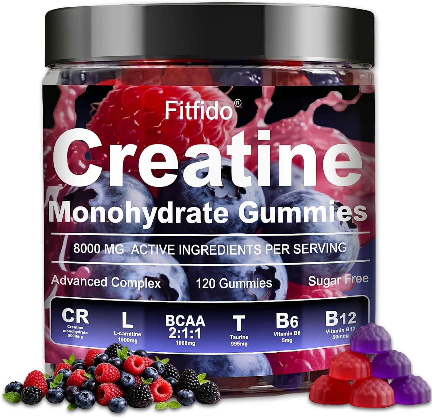 Creatine Monohydrate Gummies Complex 5000mg for Men and Women, Containing L-carnitine & Taurine, Build Muscle, Boost Energy, Faster Recovery, Sugar Free & Vegan, Raspberry & Blackberry, 120 Count