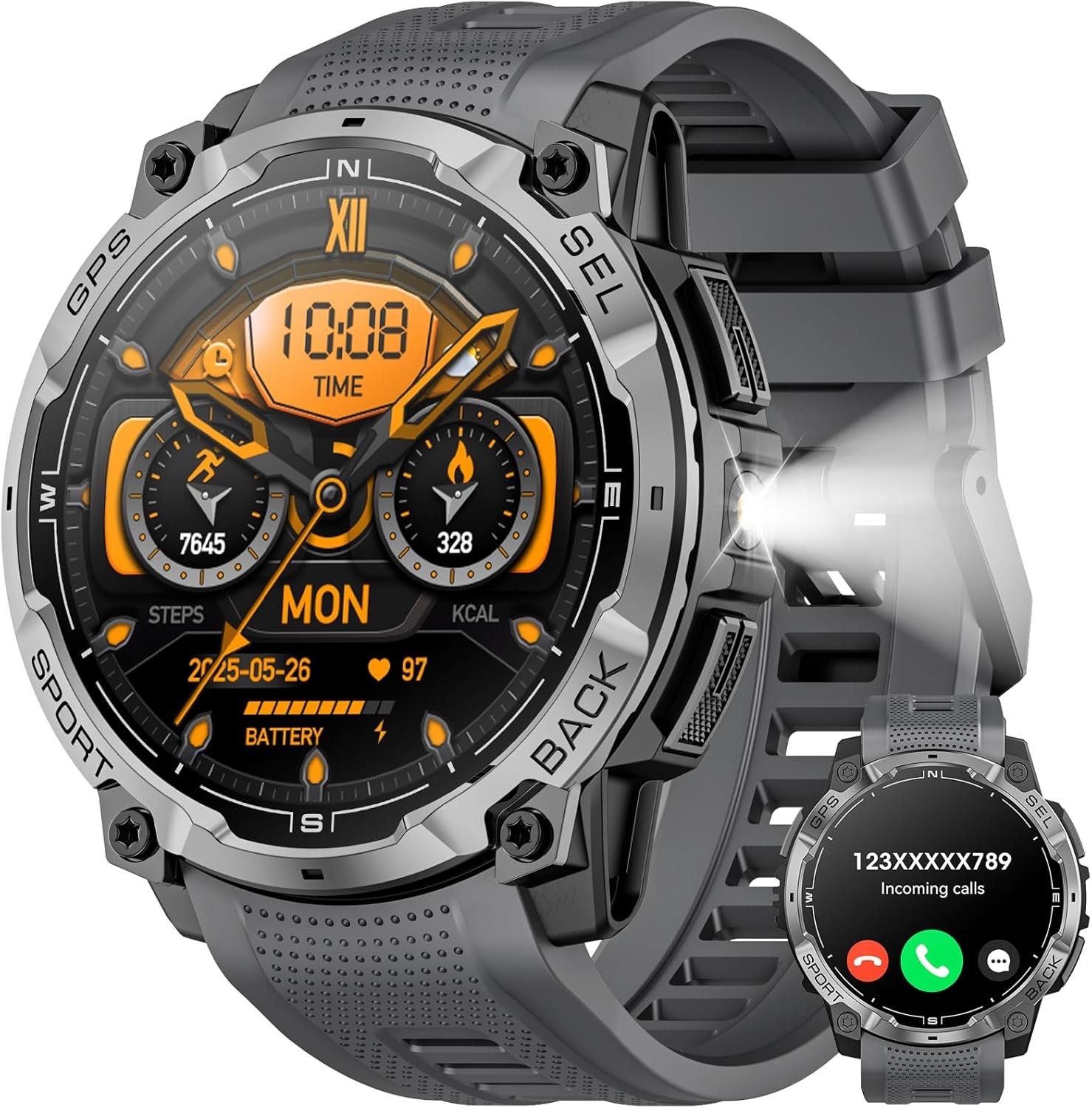 Military Smart Watch for Men with GPS, 1.43″ AMOLED Bluetooth Call, LED Flashlight, Rugged Tactical Watch for Android iOS, 3ATM Waterproof Fitness Tracker with Heart Rate Pedometer (Black)