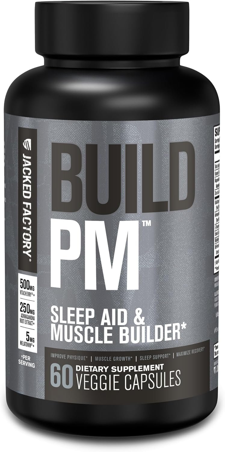 Jacked Factory Build PM Night Time Muscle Builder & Sleep Aid – Post Workout Recovery & Sleep Support Supplement w/VitaCherry Tart Cherry, Ashwagandha, & Melatonin – 60 Natural Veggie Pills