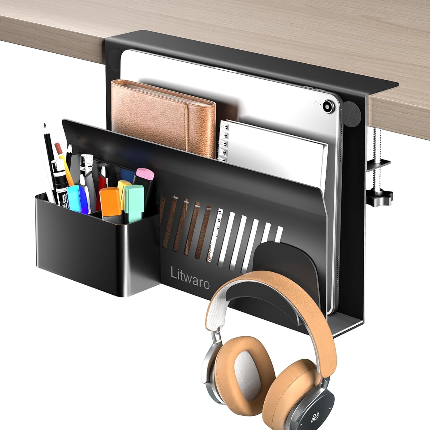 Litwaro Desk Side Storage, No Drill Laptop Holder with Magnetic Pen Holder, Clamp on Laptop Mount with Sticky Headphone Stand, Hanging Organizer for Office, Fits Flat Table Edge 0.4″ to 2″ (Black)