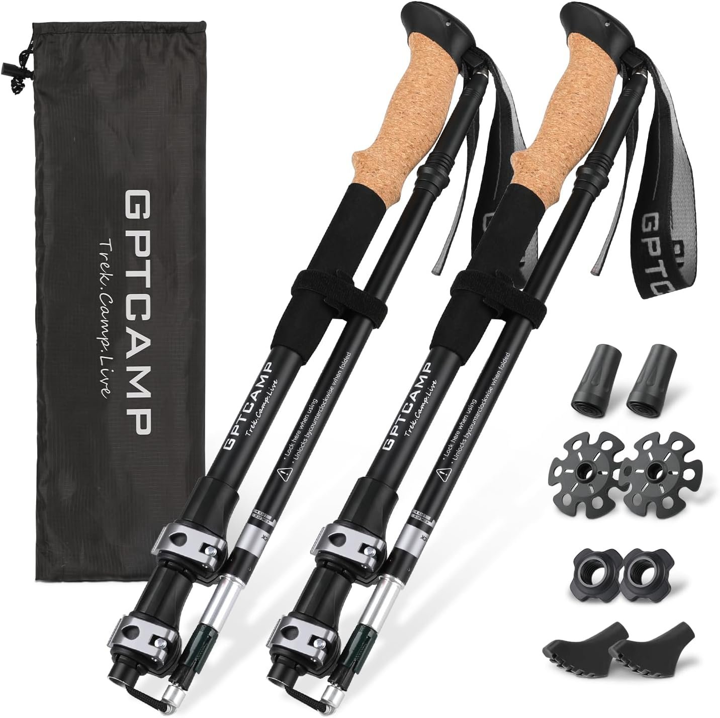 GPTCAMP Walking Sticks,Trekking Poles Collapsible Hiking Poles,Lightweight Folding Travel Walking Pole for Men Women,2pc Adjustable Hiking Stick with EVA Foam Grips for Backpacking
