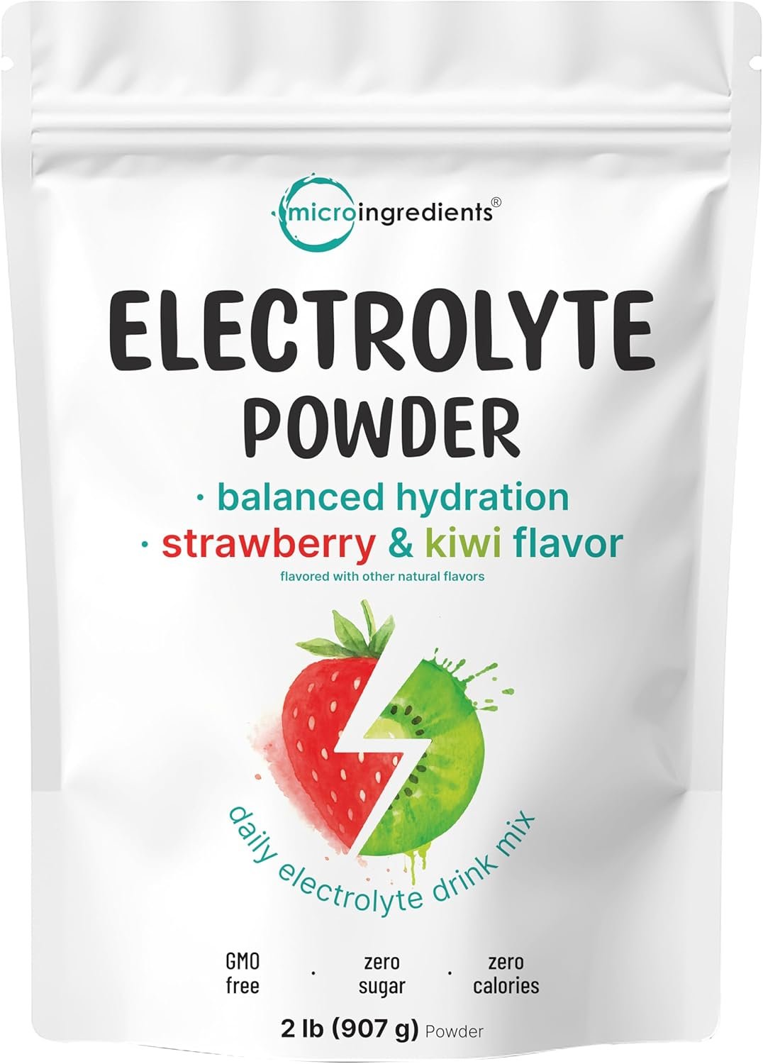 Micro Ingredients Electrolytes Powder, 2lbs (106 Servings) | Sugar Free | Natural Strawberry Kiwi Flavor | 1,000 mg High Potassium Hydration Drink Mix | Keto Friendly, Non-GMO