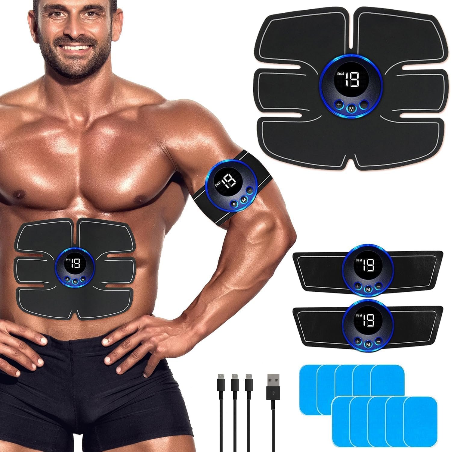 Abs Muscle -Portable Toner – Trainer Workout Equipment for Men Woman Abdomen Home Office Exercise, 10pcs Free Gel Pads