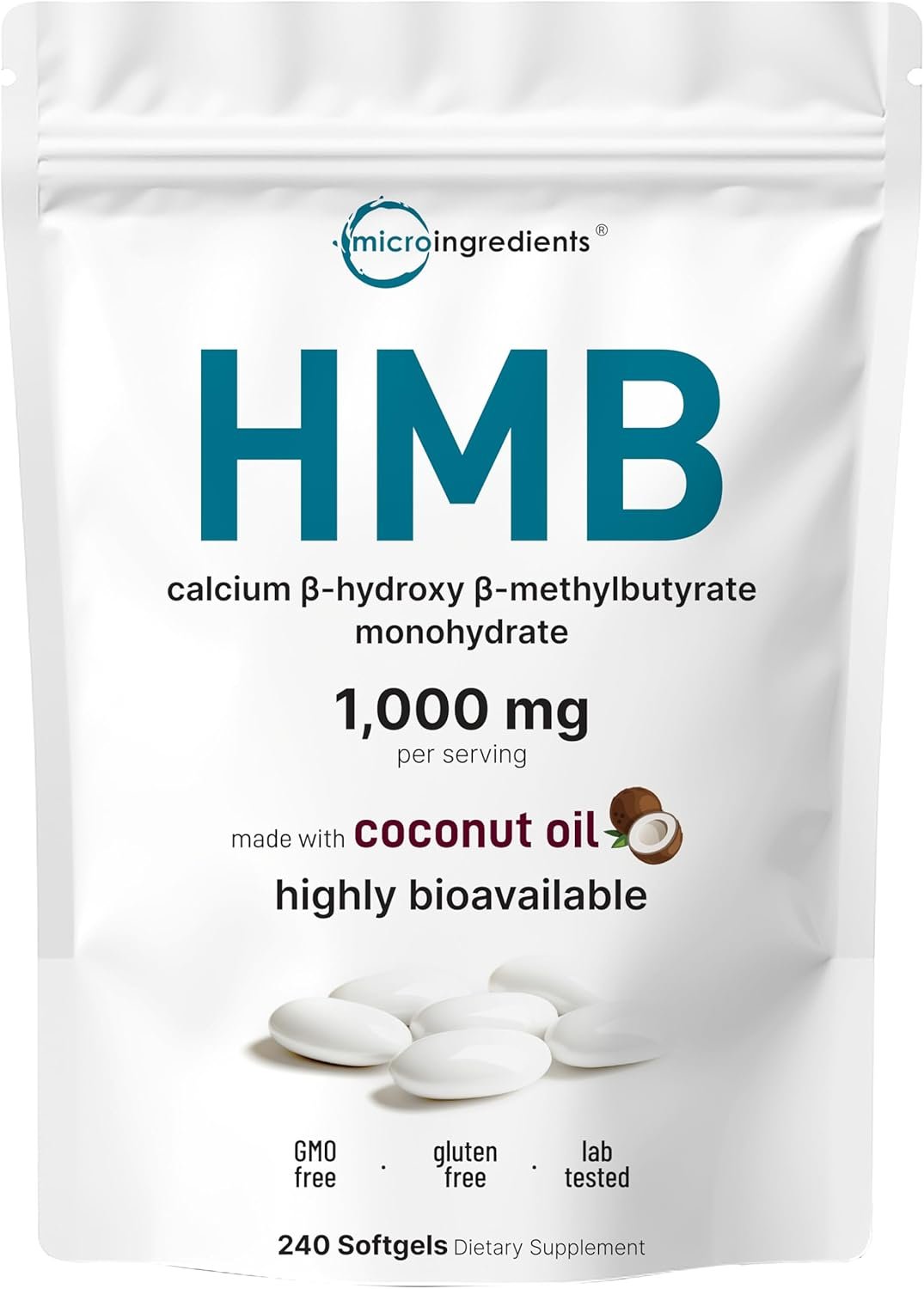HMB 1,000mg | 240 Softgels with Coconut Oil | Highly Bioavailable | HMB Supplements for Men & Women | Calcium Beta-Hydroxy Beta-Methylbutyrate | Supports Lean Muscle Mass & Muscle Recovery
