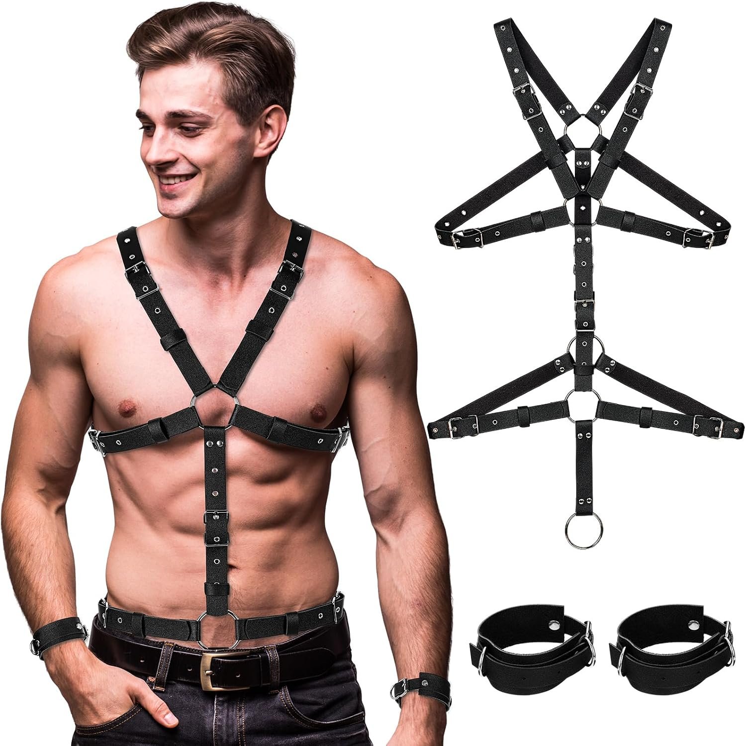 Tisancy Men’s Chest Harness Belt Adjustable Buckle Chest PU Leather Male Harness Secure Fastening for Men’s Costumes Clothes