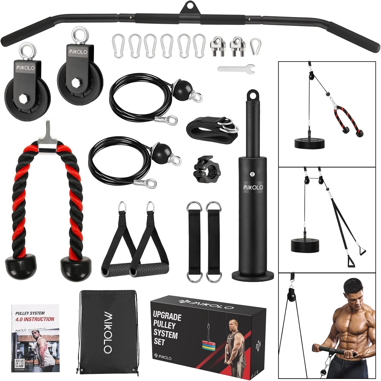 Mikolo Upgraded Weight Lift Pulley System – LAT Pulley Attachments with Adjustable Length Cable for Full Body Training, Home Gym Set