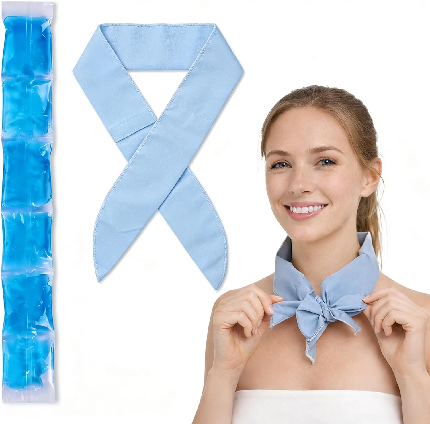 Reusable Neck Cooling Scarf with Ice Packs, Adjustable Cold Neck Wrap for Summer Heat Relief, Breathable Cooling Neck Collar for Outdoor Work, Hiking, Sports, Men & Women, Light Blue