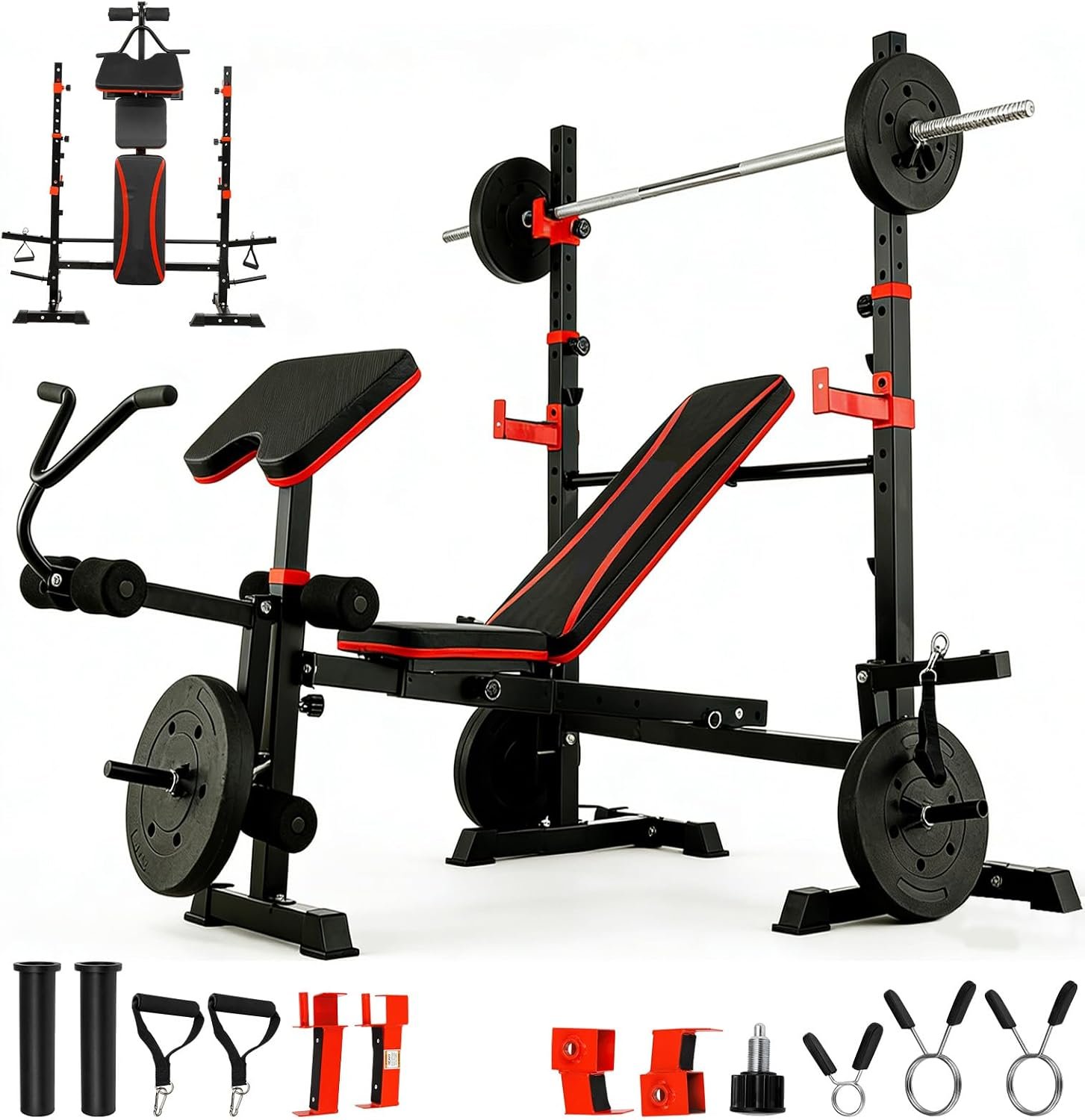 1500LB 8 IN 1 Olympic Weight Bench with Lat Pulldown and Leg Extension/Curl, Foldable Bench Press with Preacher Curl & Squat Rack, Workout Benches with Safety Bar Catches for Home Gym(US Stock)