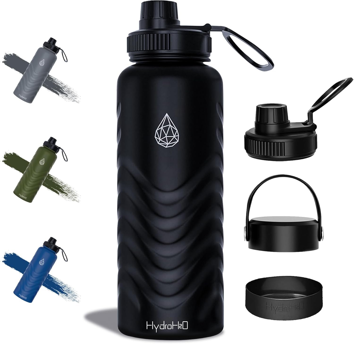 24oz Stainless Steel Insulated Water Bottle, 48H Cold & 24H Hot, Leak-Proof Wide Mouth Lids (Straw & Spout), BPA-Free Bottles, Mens Water Bottle for Gym, Hiking, Travel – Black