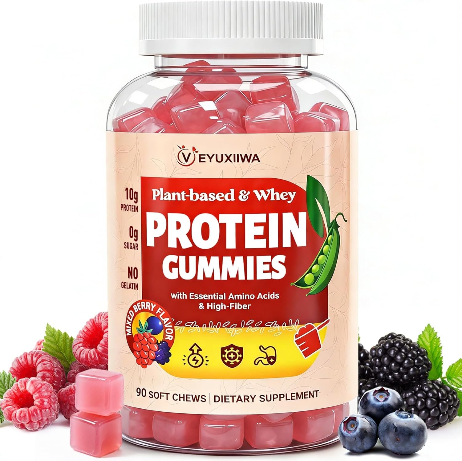 Whey Protein with Plant Based & Amino Acids – Protein Powder Alternative, Immunity, Energy & Gut Support, 90 Protein Gummies for Women & Men, Zero Free, No Gelatin, High Protein Mixed Berry Flavor