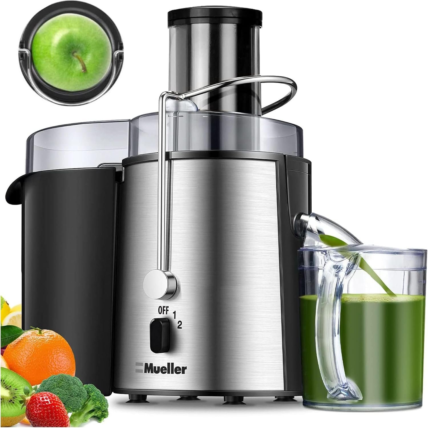 Mueller Juicer Ultra Power, Easy Clean Extractor Press Centrifugal Juicing Machine, Wide 3″ Feed Chute for Whole Fruit Vegetable, Anti-drip, Silver