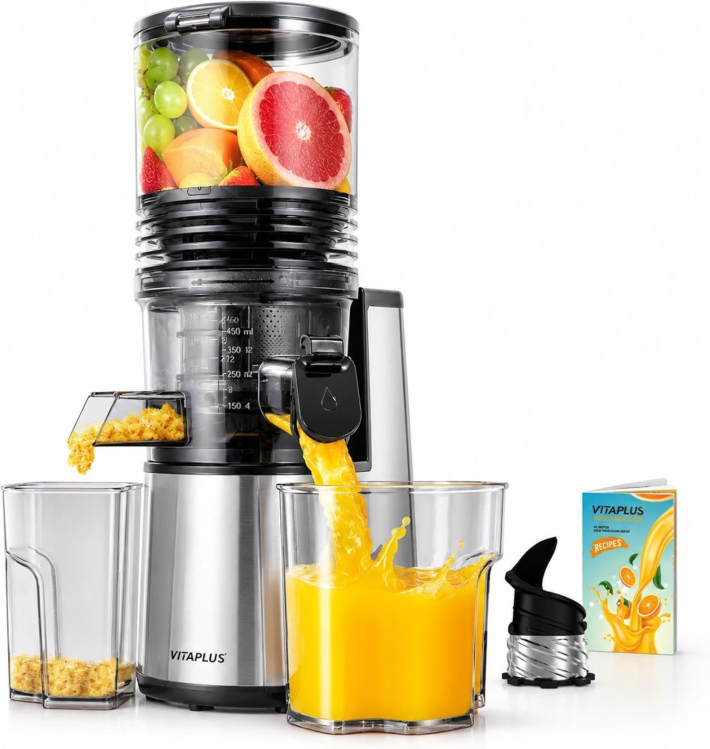 VITAPLUS Cold Press Juicer with Stainless Steel Auger，High Juice Yield Slow Masticating Juicer for Juice & Nut Milk, Lab-Certified Food-Safe, AC Motor, 5.8″ Whole-Fruit Chute, BPA-Free,Easy Clean