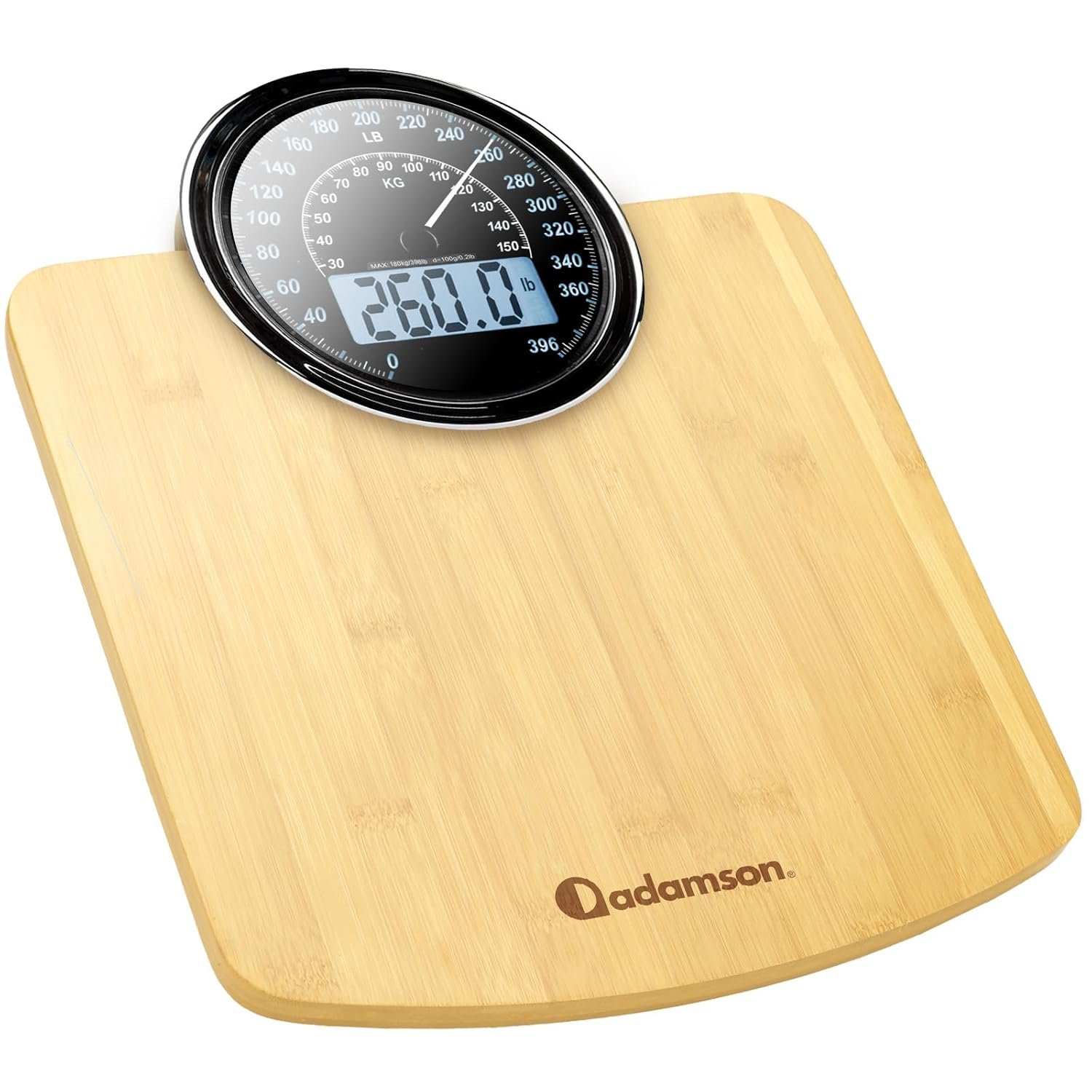 Adamson Hybrid 2-in-1 Analog & Digital Weighing Scale for Body Weight up to 400lbs – Thick Tempered Glass – Extra Large Display – Easy to Read Digital Bathroom Scale – Wood with White Backlight