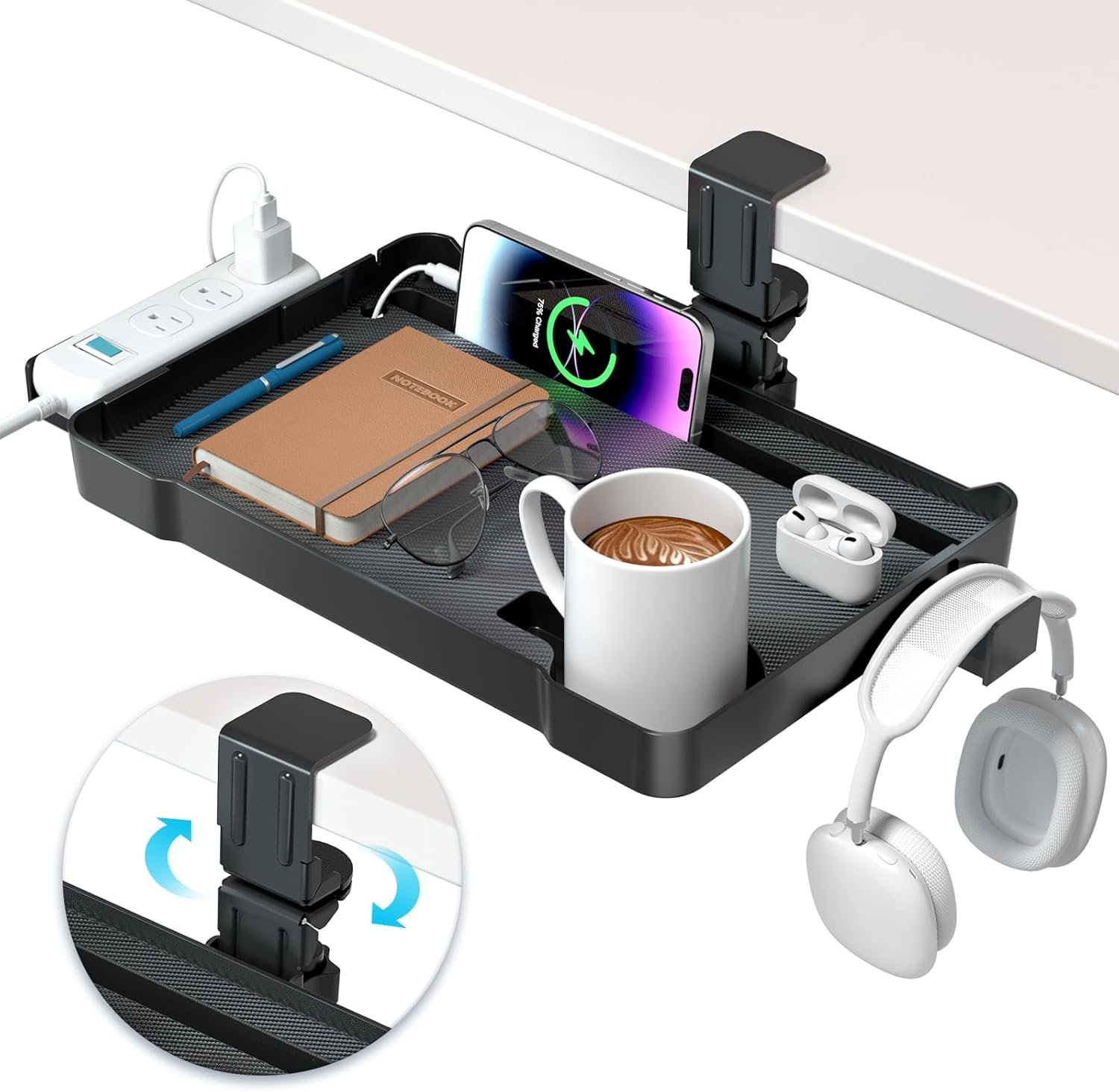 KDD Under Desk Organizer – 360° Rotating Clamp-On Tray with Headphone Hook, Phone & Tablet Holder, Cup Holder, and Cable Management – No Drilling Desk Storage Accessories for Office and Home