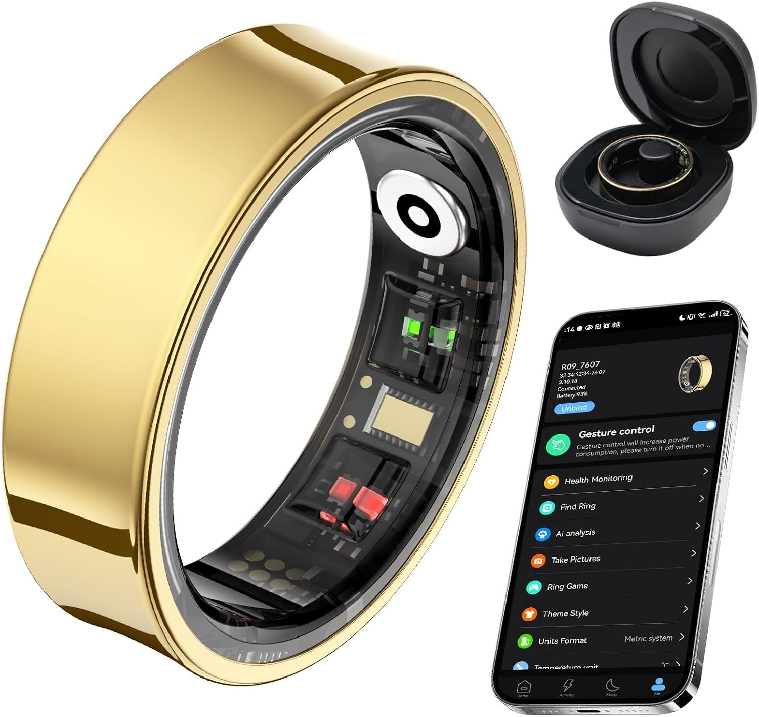 Smart Ring for Women Men, 24-Hour Body Temperature Track, Gold, #8 | Sleep Monitor, 24-hour Body Temperature & Blood Oxygen & Heart Rate, AI analysis, No Subscription Fee, Stainless steel