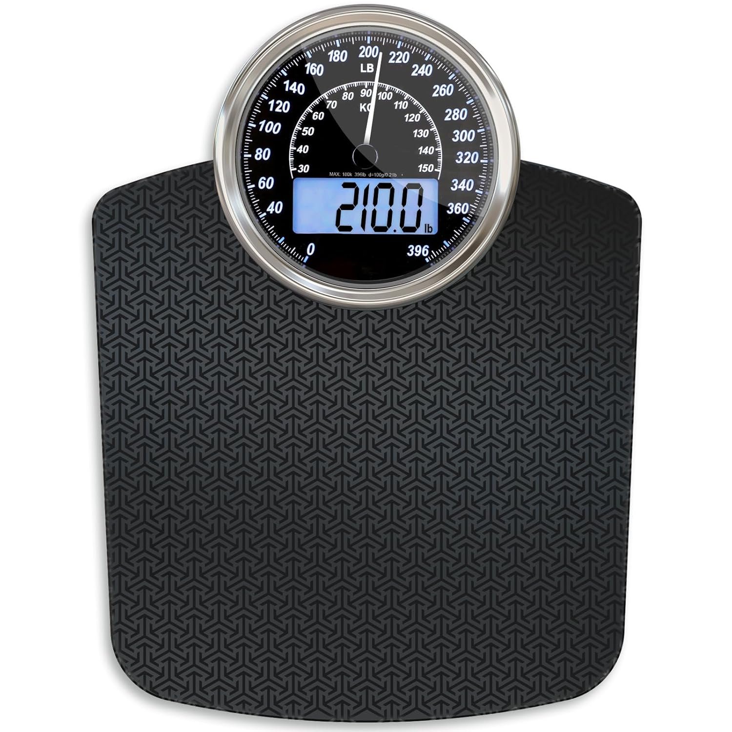Hybrid Bathroom Scale – Analog & Digital Display, Accurate to 400 lbs | See weight on both an analog dial and digital LCD at once. Wide glass platform, accurate to 0.2 lbs, batteries included.
