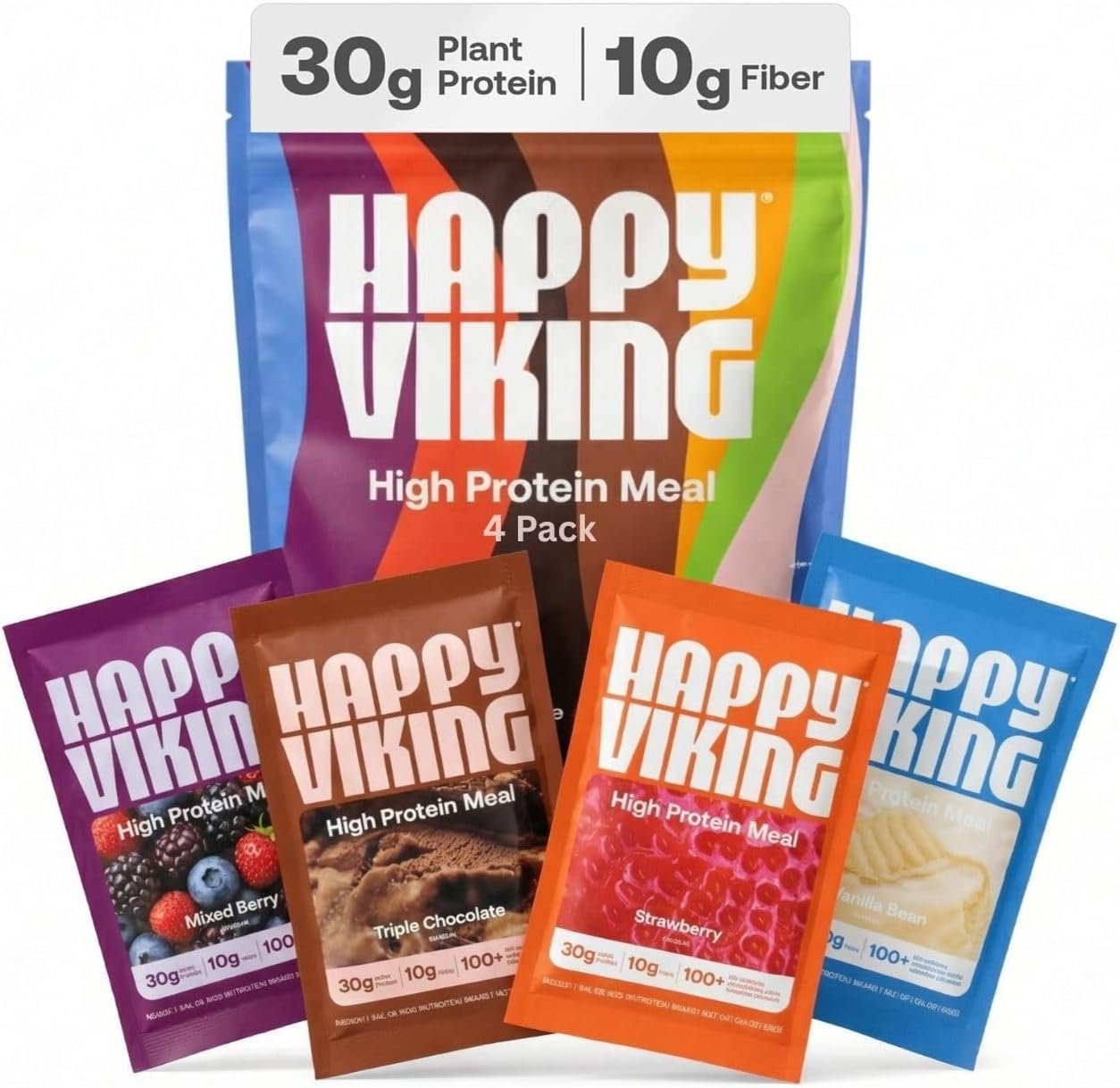 Happy Viking Variety Pack High Protein + Fiber Meal Powder, Protein Packets to Go, 30G Protein, 10g Fiber, Low Carb, Keto, Vegan, Gluten-Free, Non-GMO, Complete Meal Replacement, 4 Meals