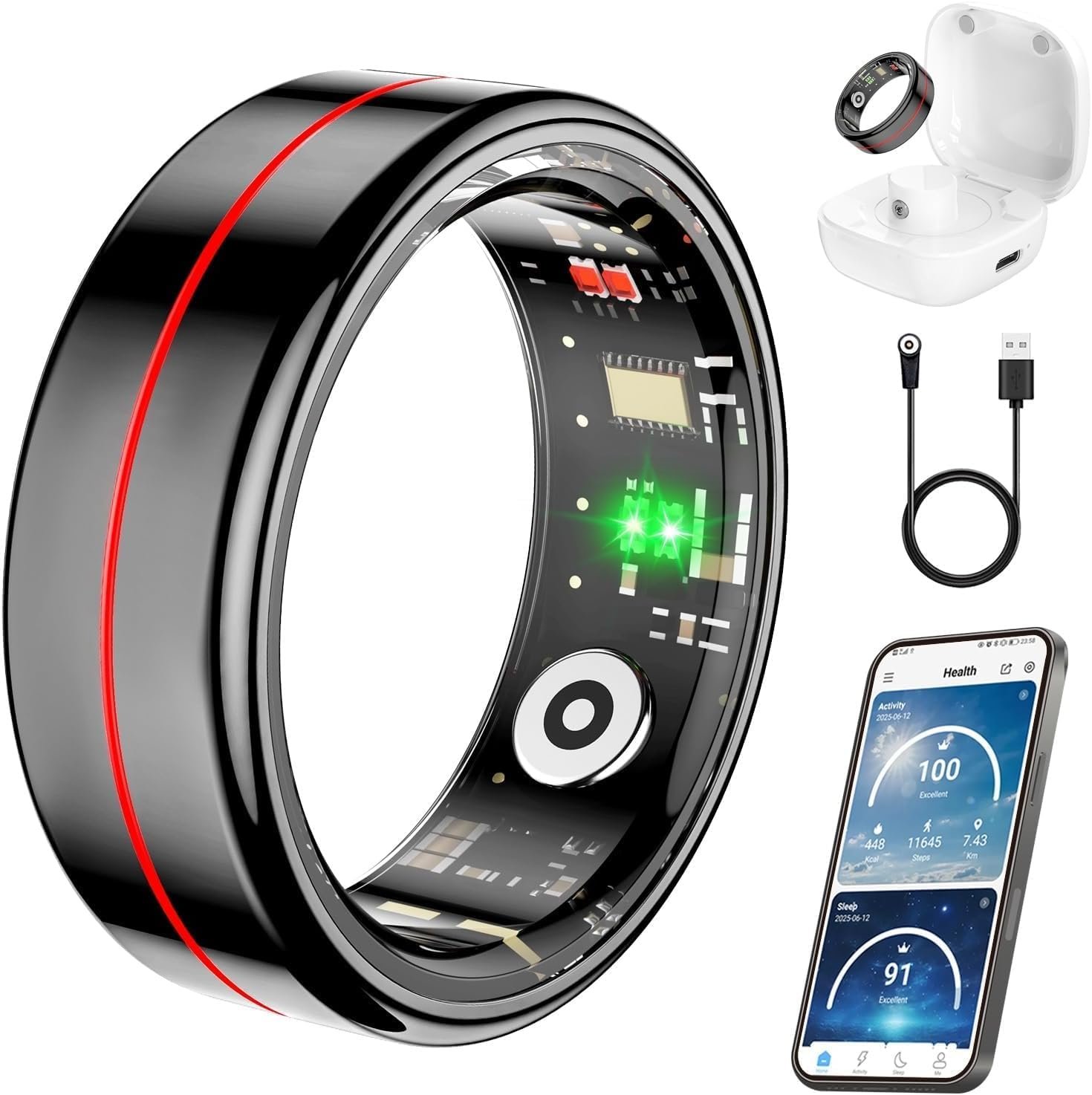 Fit Ring, Smart Health Rings for Women Men with Heart Rate,Blood Oxygen,HRV,Stress Level, Sleep Monitor, Step Tracker, No Subscription Fee, IP68 Waterproof Smart Ring for iphone &Android (Black, 9#)