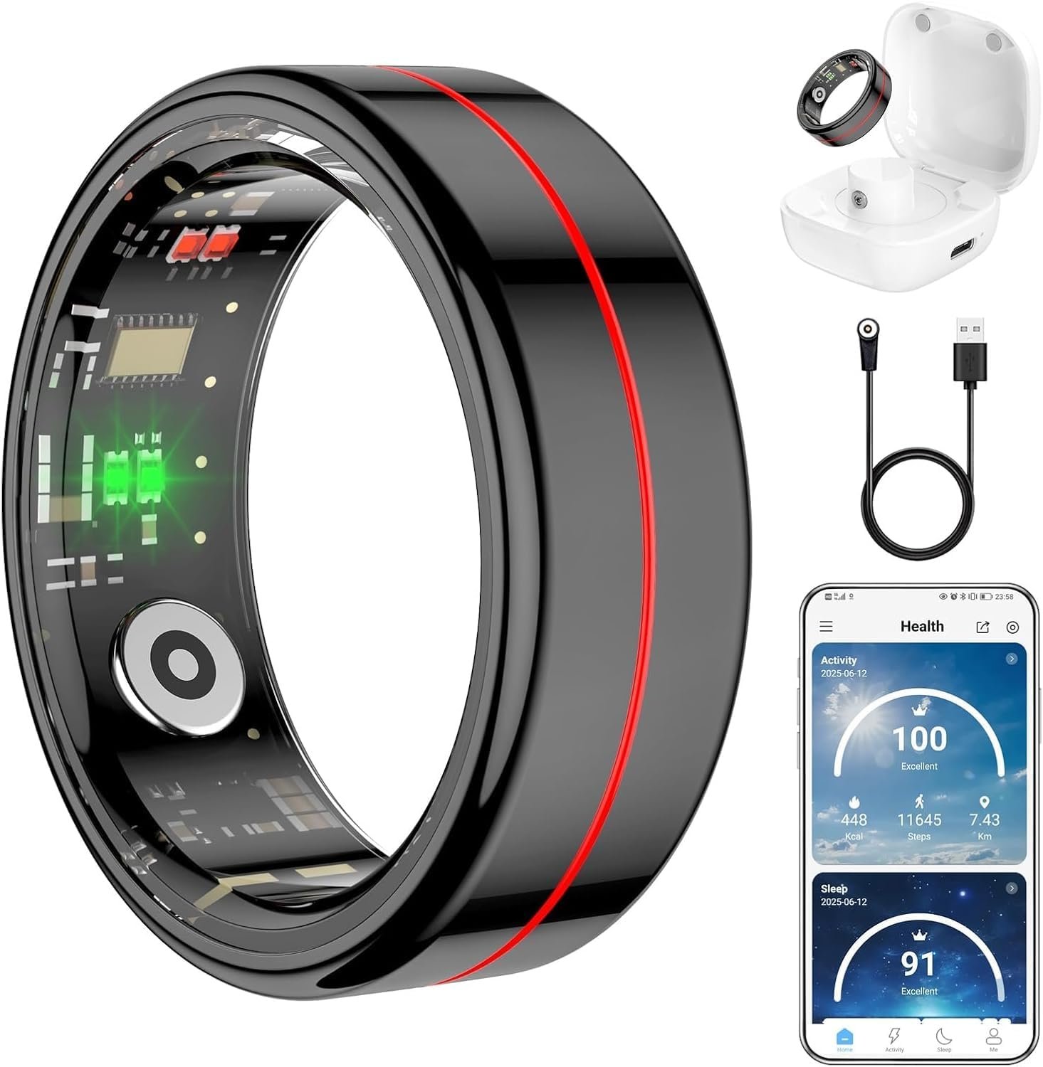 Fit Ring for Women Men, Ring Health Tracker with Heart Rate,Blood Oxygen,Heart Rate Variability, Stress, Sleep Monitor, Step Counter, Smart Ring for iPhone & Android, No Subscription Fee (Black, 10#