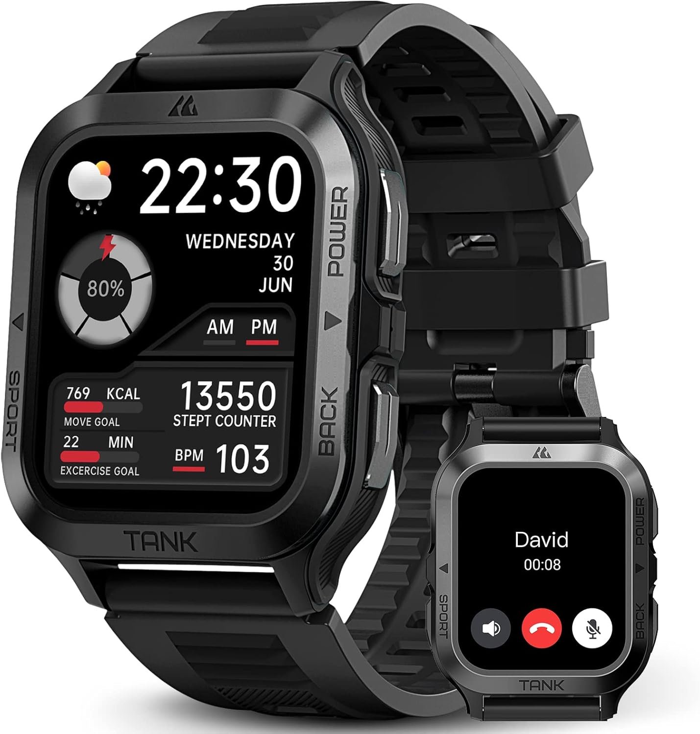 AMAZTIM Smart Watch, 60 Days Extra-Long Battery, 50M Waterproof, Rugged Military Bluetooth Call(Answer/Dial Calls), 1.85″ Ultra Large HD Display, AI Voice Assistant, Compatible for Android and iOS