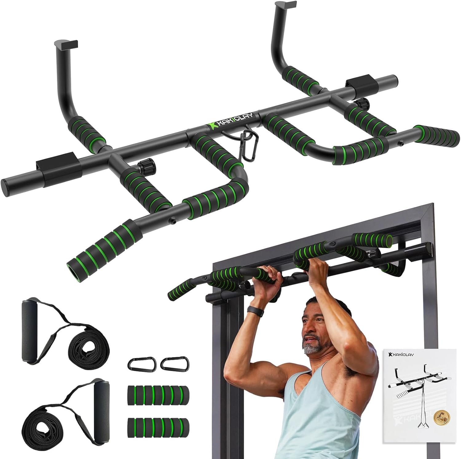 KAKICLAY New Upgrade Pull Up Bar for Doorway with Ergonomic Grip – Upto 440 Lbs Capacity, No Screwing or Slipping – USA Original Patent, Designed, Shipped, Warranty