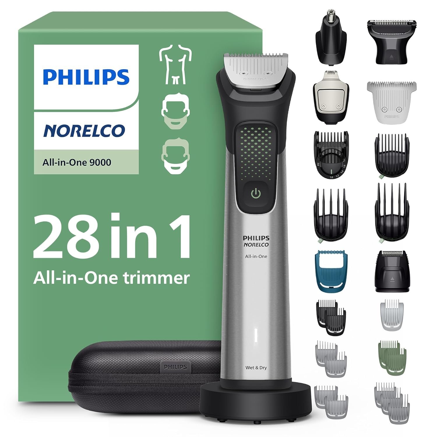 Philips Norelco All-in-One 9000 Series 28-Piece Trimmer – Electric Shaver and Clipper for Face, Beard, Head & Body, Self-sharpening Full Metal Blades, 27 Length Settings (0.5-20 mm), MG9585/49